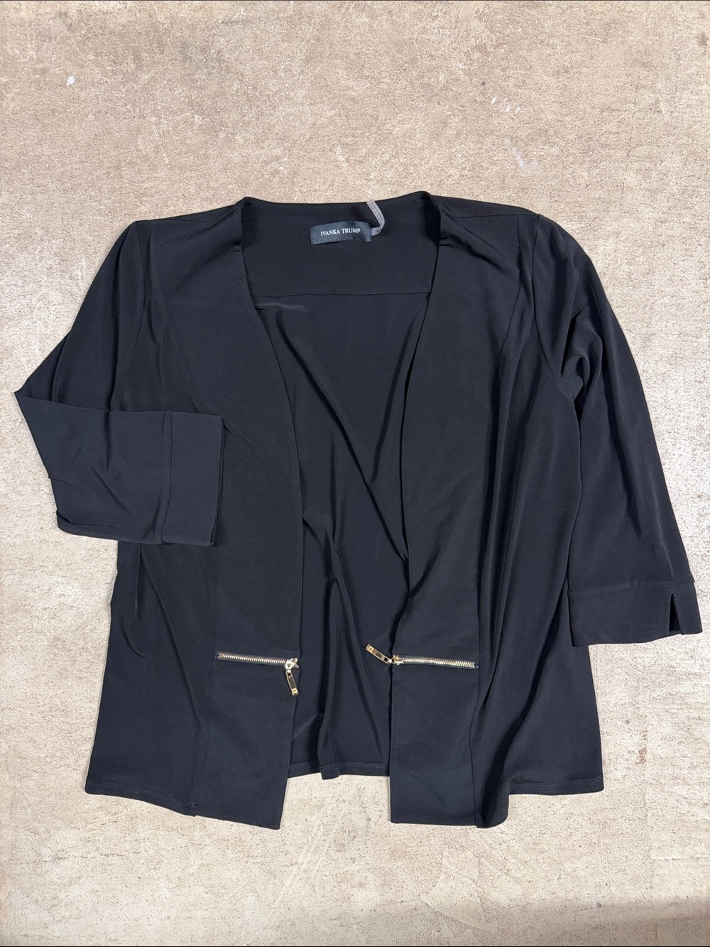 Black Open Front Dress Cardigan with Gold Zipper Accents